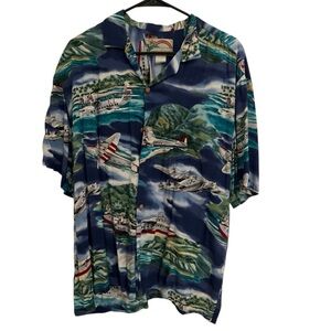 Paradise Found Vintage Hawaiian Shirt XL Rayon Honolulu Hawaii Airplane Aloha